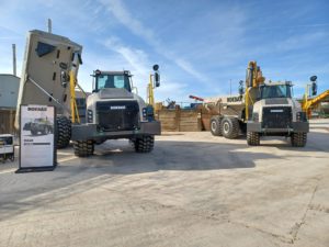 The Rokbak RA40 and RA30 articulated haulers on display in the Molson Group yard